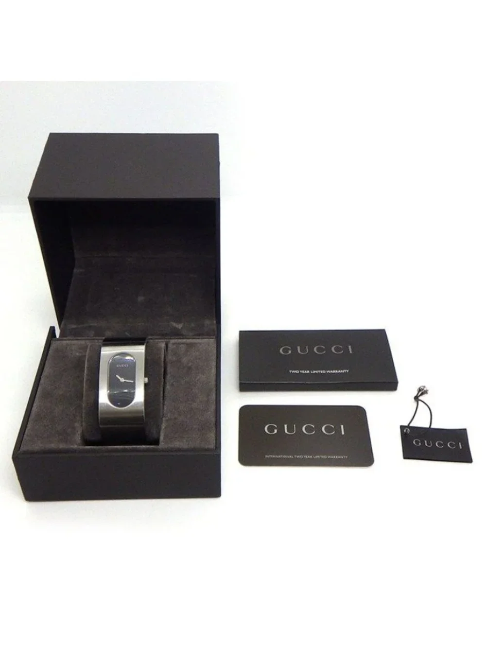Gucci Watch Bangle Black Dial Satin Polished SS Quartz Analog